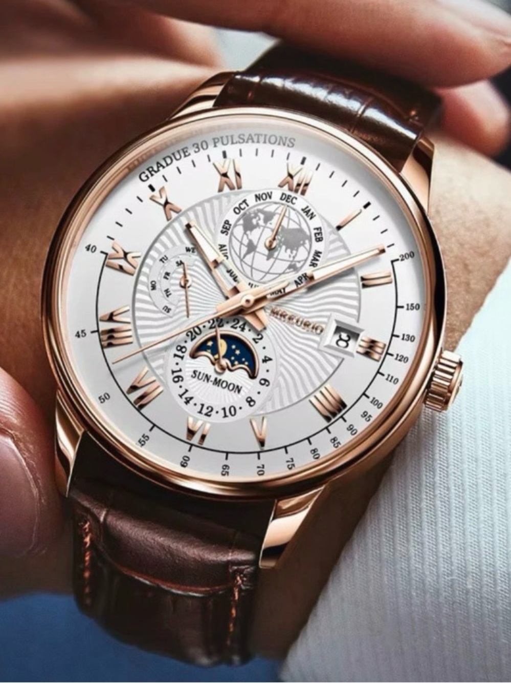 Men's Rose Gold Watch with Brown Leather Strap - Classic Sun-Moon Dial